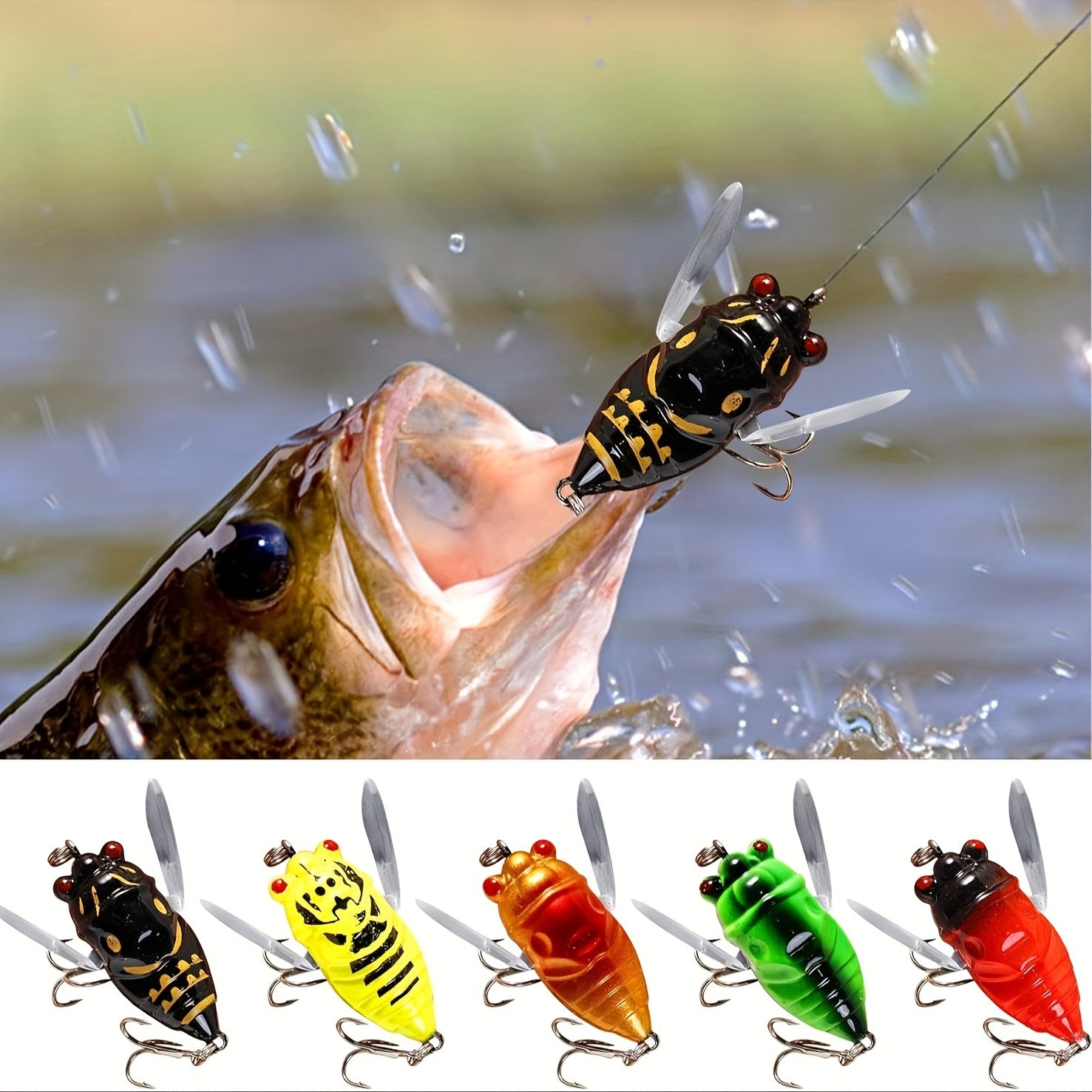 Outdoor Fishing Accessory – Saltwater, Freshwater – 5pcs Lifelike Cicada Fishing Lures Holographic Eyes Biomimetic Shape – Dependable Freshwater & Saltwater Use for US Anglers