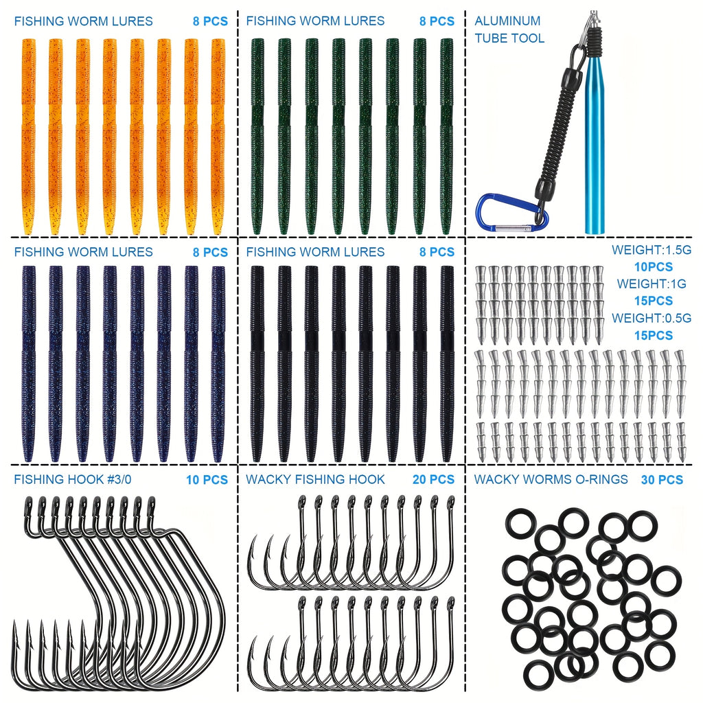 Fishing Gear Backpack – Bass, Trout, Rechargeable – 133pcs Wacky Worm Fishing Lure Featuring Soft Plastic Worms – Compact Tackle Solution for US Anglers