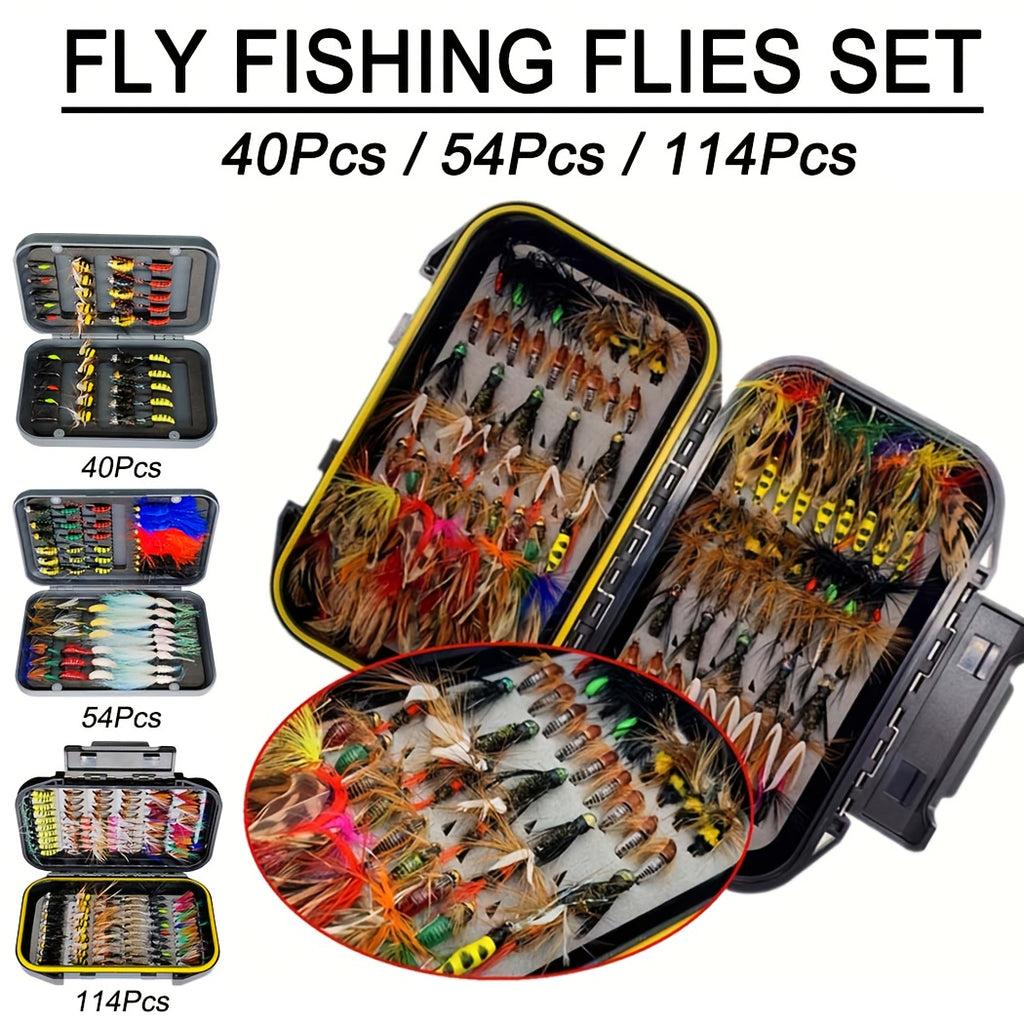 Bass Tackle Kit – Bass, Trout – Fly Fishing Flies Kit 40pcs 54pcs 114pcs Handmade Gear – Dependable Freshwater & Saltwater Use for US Anglers