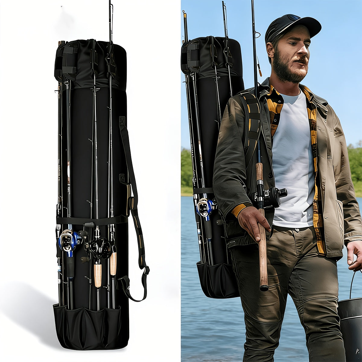Angler Fishing Rod – Portable – 1pc Black Durable Foldable Fishing Rod Bag Large Capacity – Versatile Water-Ready Design for US Anglers