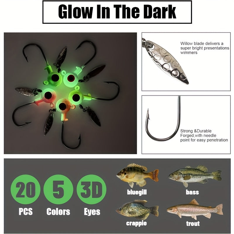 Fishing Lure Kit – Bass, Trout, Crappie – Underspin Jig Heads Spinner Glow Dark Fishing Hooks Crappie – Built for Weekend Anglers for US Anglers