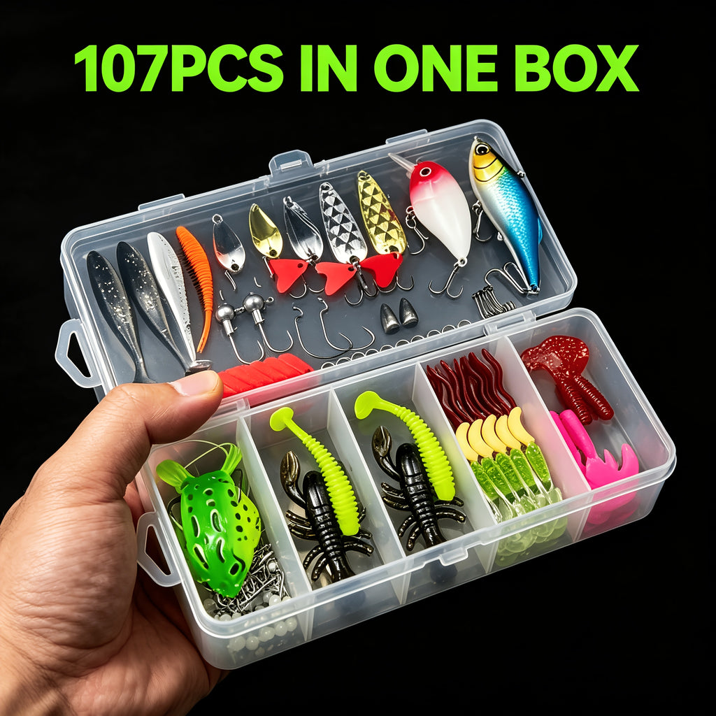 Fishing Tackle Storage – Saltwater, Freshwater, Bass, Trout – 107pcs Fishing Lures Kit Tackle Box Complete Bass Trout – Versatile Water-Ready Design for US Anglers